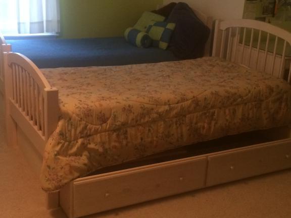 White children's bedroom set, dresser, desk and chair