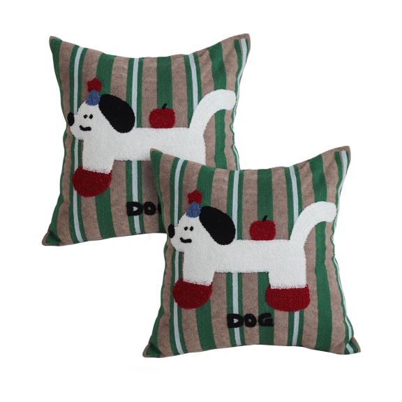 SOGA 2X 45cm Cute Dog Print Green Red White Striped Polyester Decorative Pillowcase